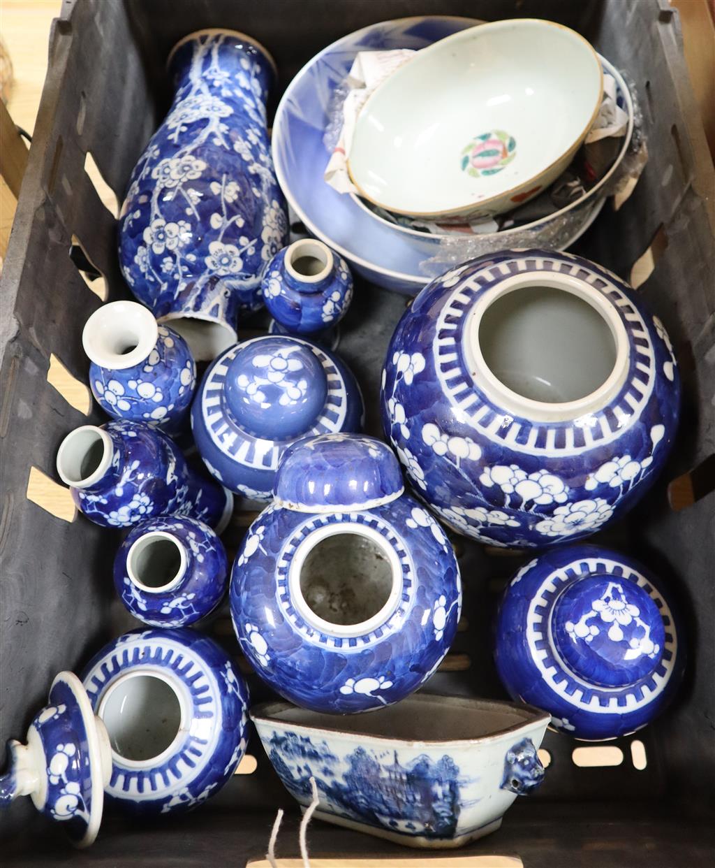 A group of Chinese blue and white porcelain prunus blossom table wares